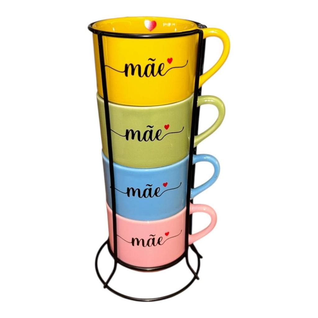 Kit 4 Xicara Caneca 200 Ml Mãe Empilhada Colorida + Suport
