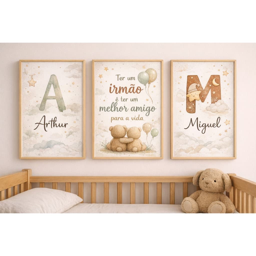 Quadro Decorativo Irmãos Kit 3 Decoração Sala Quarto Menino Infantil Amigo Para Sempre Nuvem Ursinho