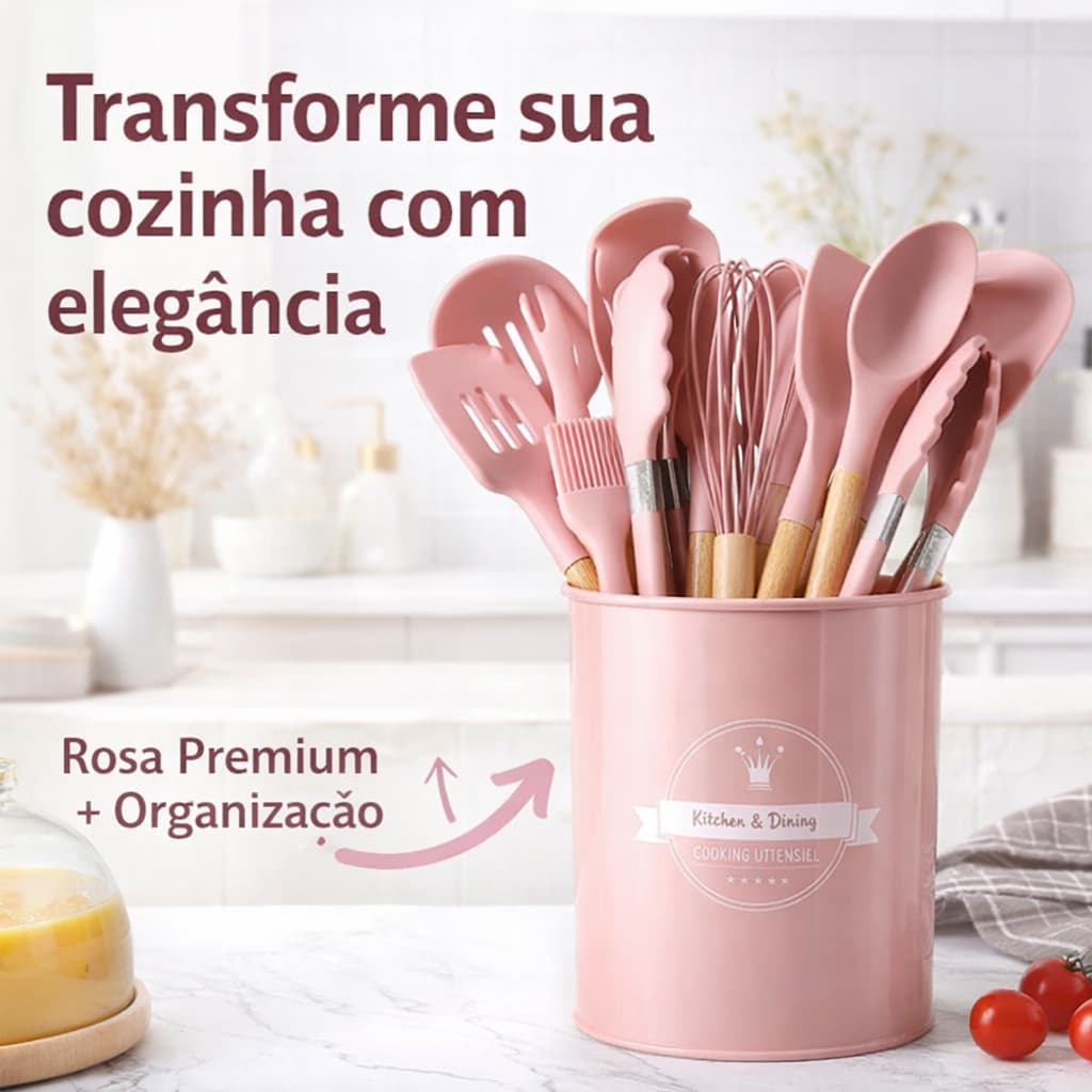 Kit Utensílios Cozinha Silicone 12 Peças Cabo Madeira Antiaderente Completo Premium