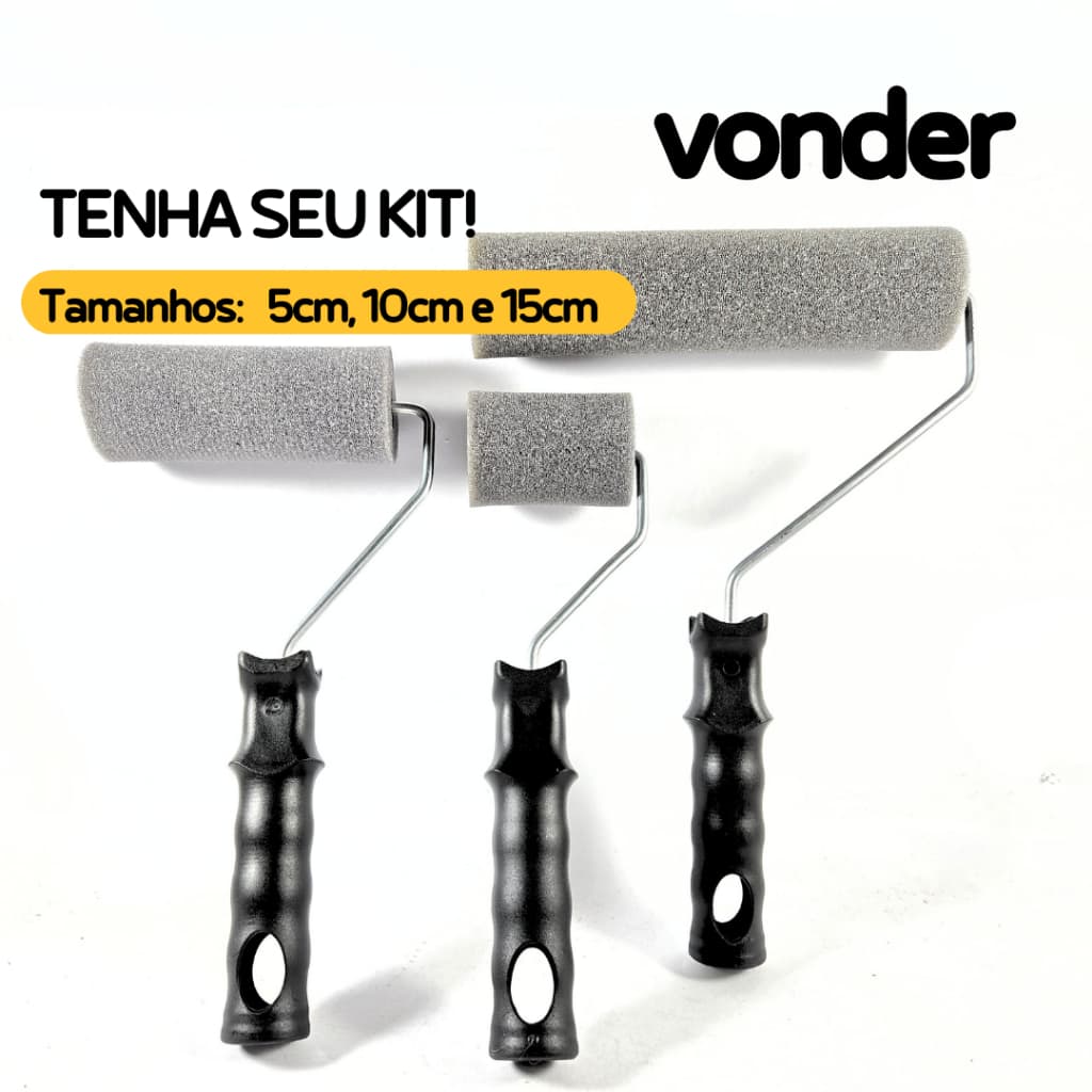 Kit Com 3 Rolos de ESPUMA Cinza 5, 9, 15cm Com Suporte Metálico Profissional, Artesanato, Pintura - Vonder