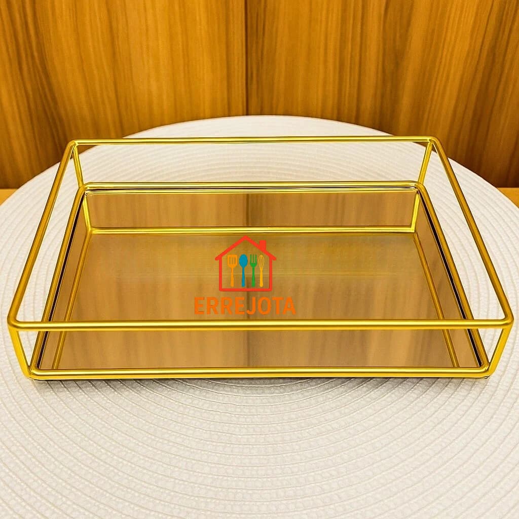 Bandeja Decorativa Espelhada Multiuso Retangular ou Redonda Porta Maquiagem ou Perfume Dourada