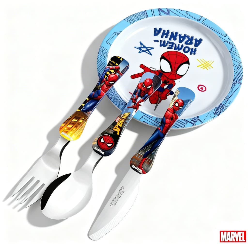 Kit Talheres e Prato Homem Aranha Fundo 21 cm Personagens Disney BPA Infantil