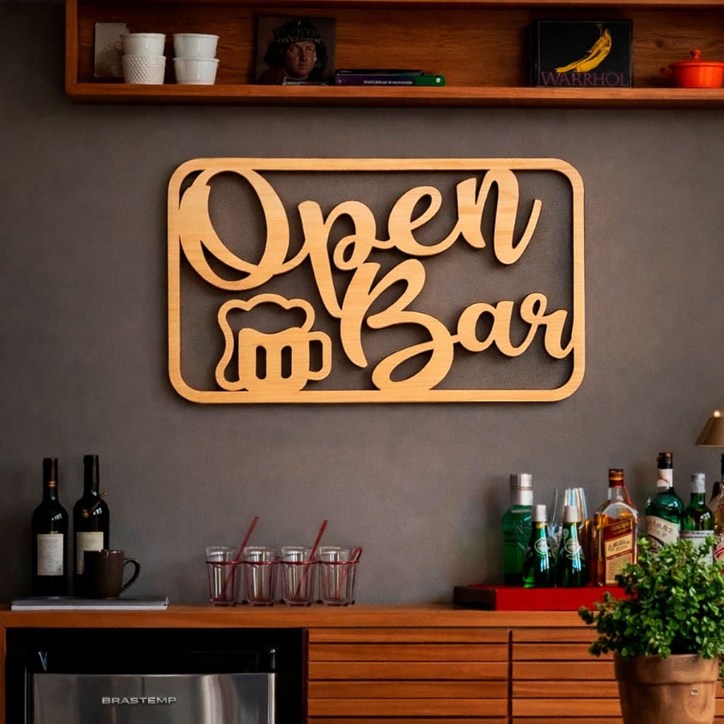 Placa Decorativa Open Bar MDF Cru 58x38cm Painel Festa Casamento Bar Decoração Evento Madeira