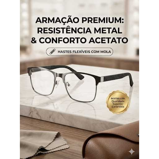 Óculos de Leitura Masculino Metal Premium Retangular - Graus +0.50 até +5.00 - Modelo  Resistente