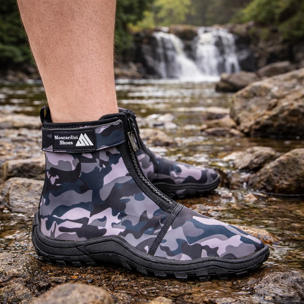 Bota Aquática Neoprene Cano Curto Camuflada Pesca Trilha Praia Antiderrapante Unissex Zíper Velcro