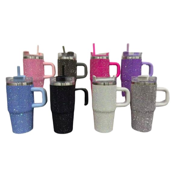 Copo Térmico 420ml com Strass e Canudo Garrafa de Água Luxo Brilhante em Aço Inoxidável Parede Dupla Premium