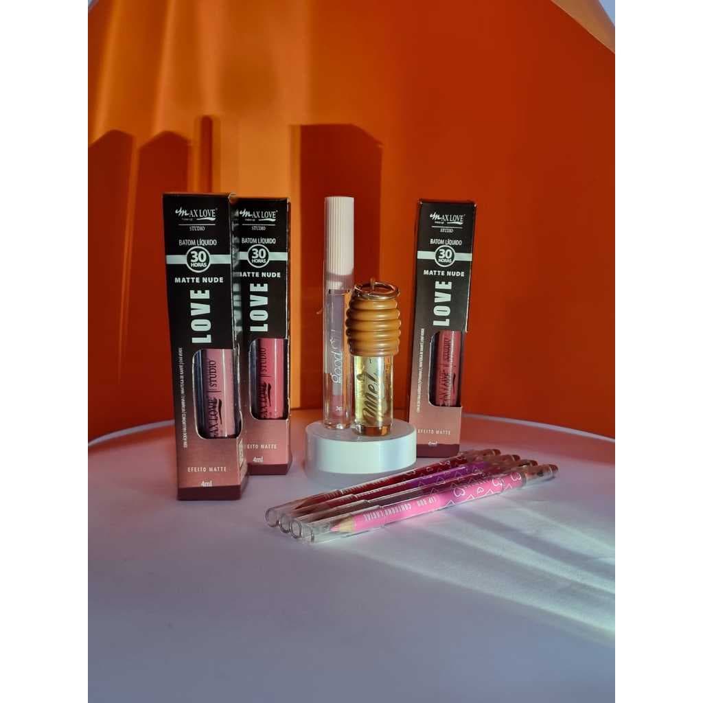 Kit Lip Gloss Mel Chaveiro Gloss Labial + Batom Matte + Lápis Duo Contorno Labial