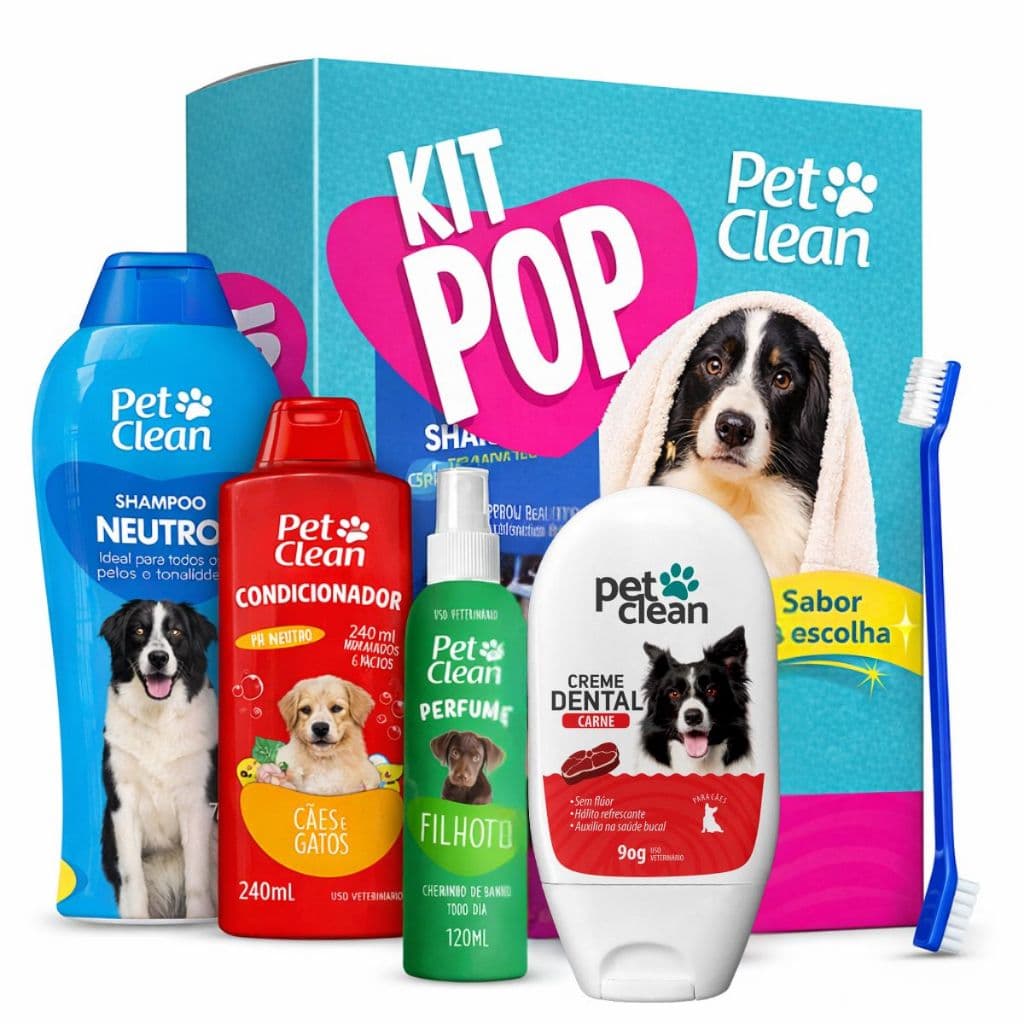 Kit Pet Clean Shampoo Condicionador Perfume Pasta Dental Escova de Dente Banho Pelos Cachorro Gato