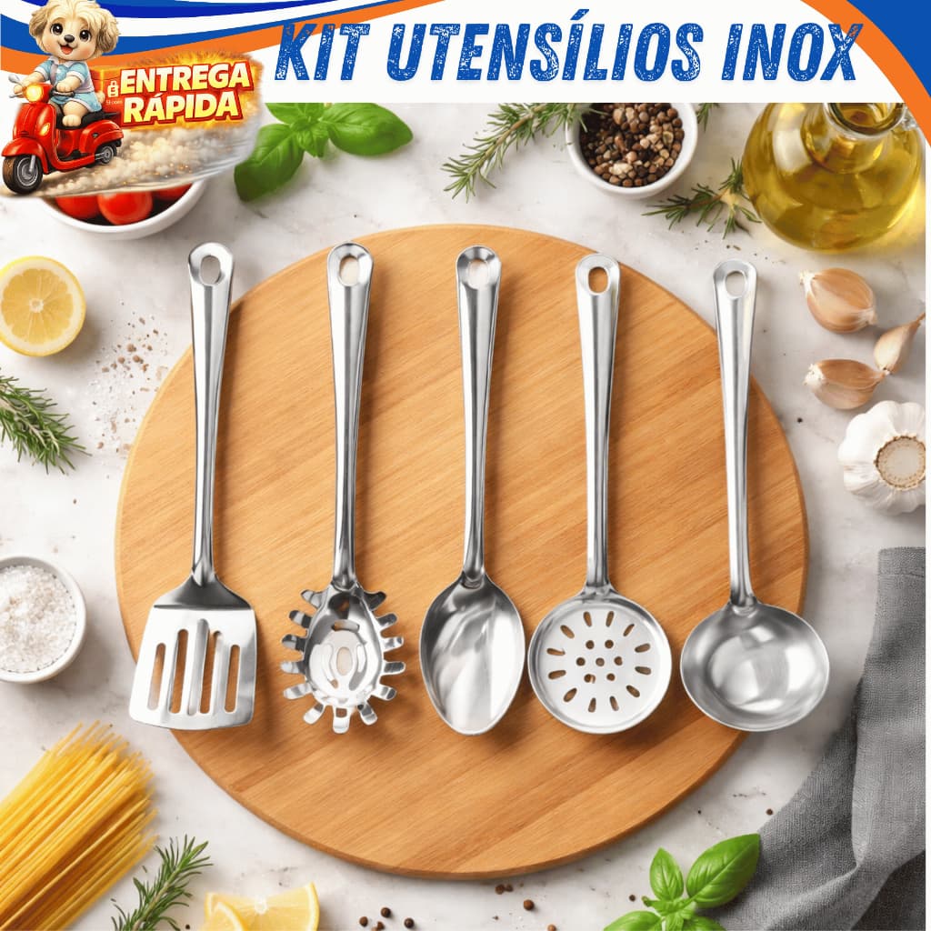 Kit Utensílio Cozinha Completa Inox Colher Arroz Escumadeira Concha Pegador Massa Espátula Premium..