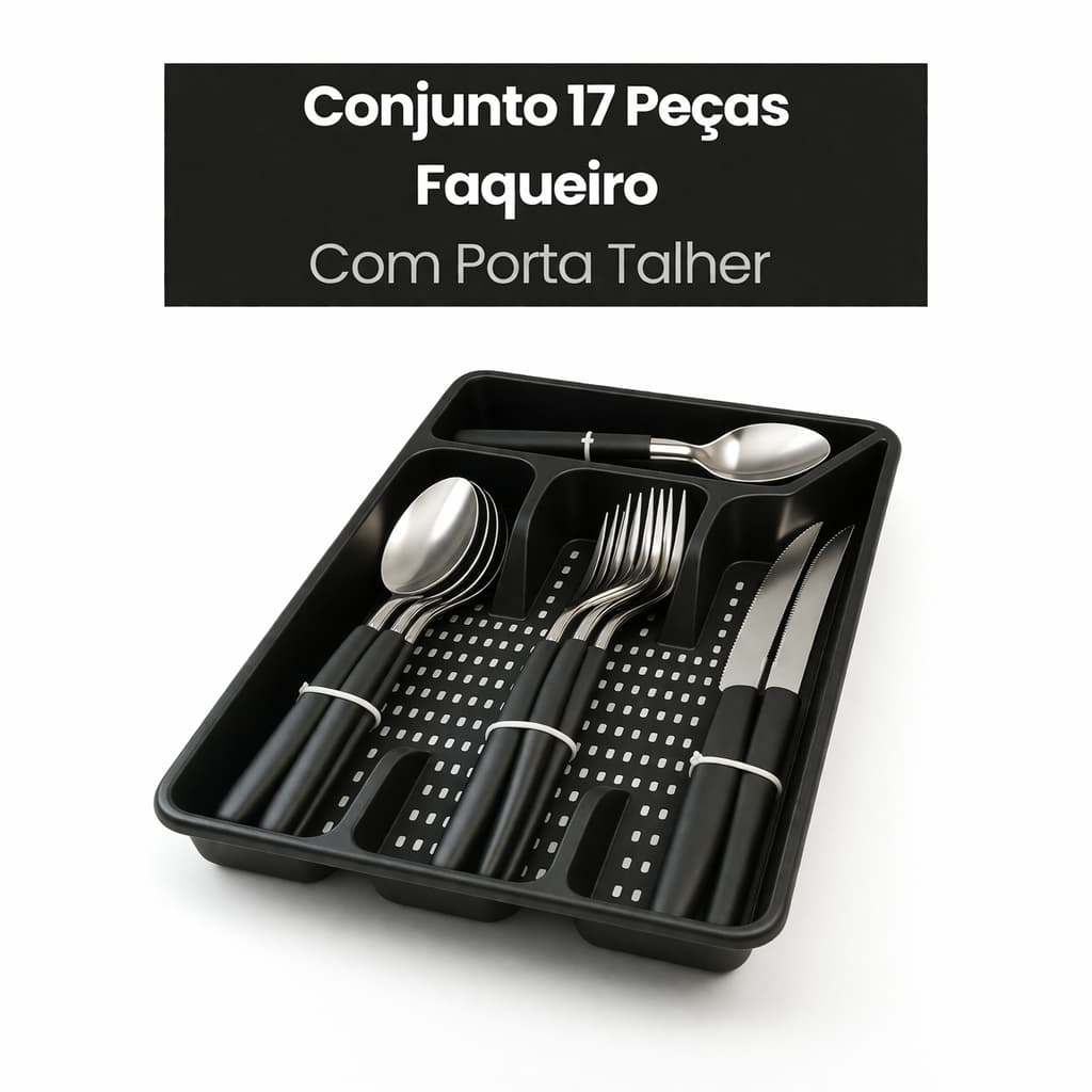 FAQUEIRO 17 PEÇAS COM PORTA TALHER PRETA  Praticidade e organização para o seu dia a dia!
