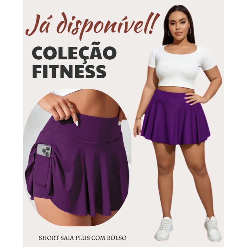 Short Saia Feminino Plus Size Com Bolso Alta Sustentação Academia Fitness