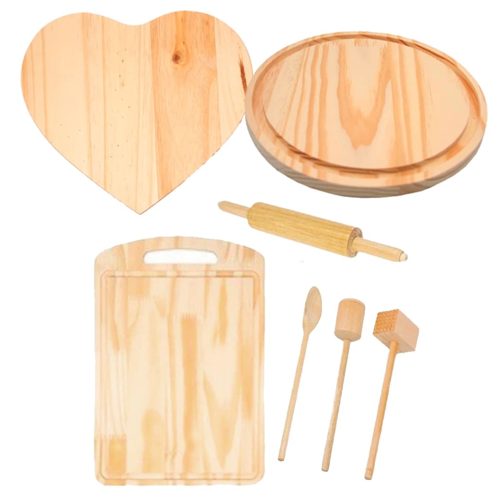NOVIDADE 5,5 KIT CASA NOVA 7pçs com Tábuas e Utensílios de Cozinha de Madeira Natural