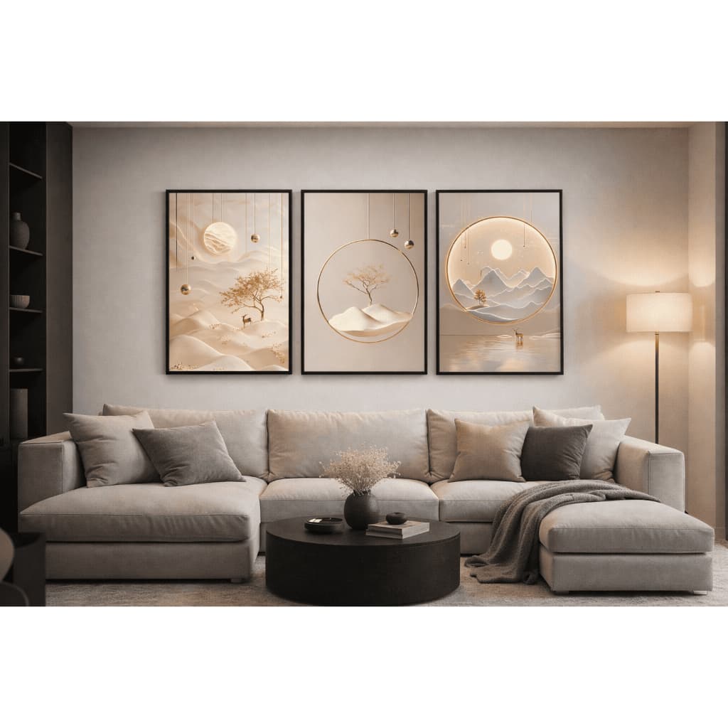 Quadro Decorativo Delicado Montanhas Brancas e Douradas Círculos Geométricos Luxo Minimalista