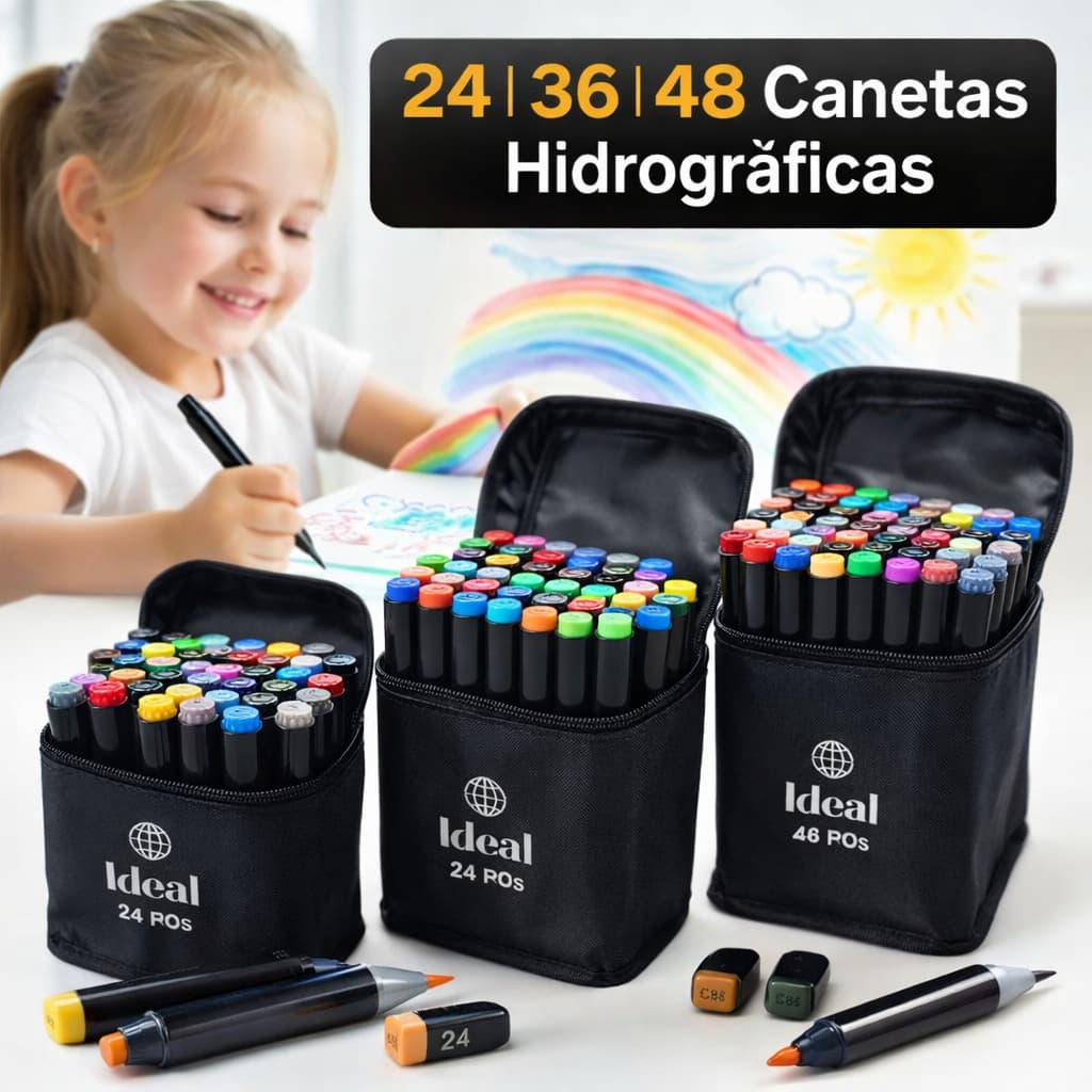 Kit Canetinhas 24 36 48 Cores Estojo Escolar Infantil  e Adulto Hidrográficas Laváveis