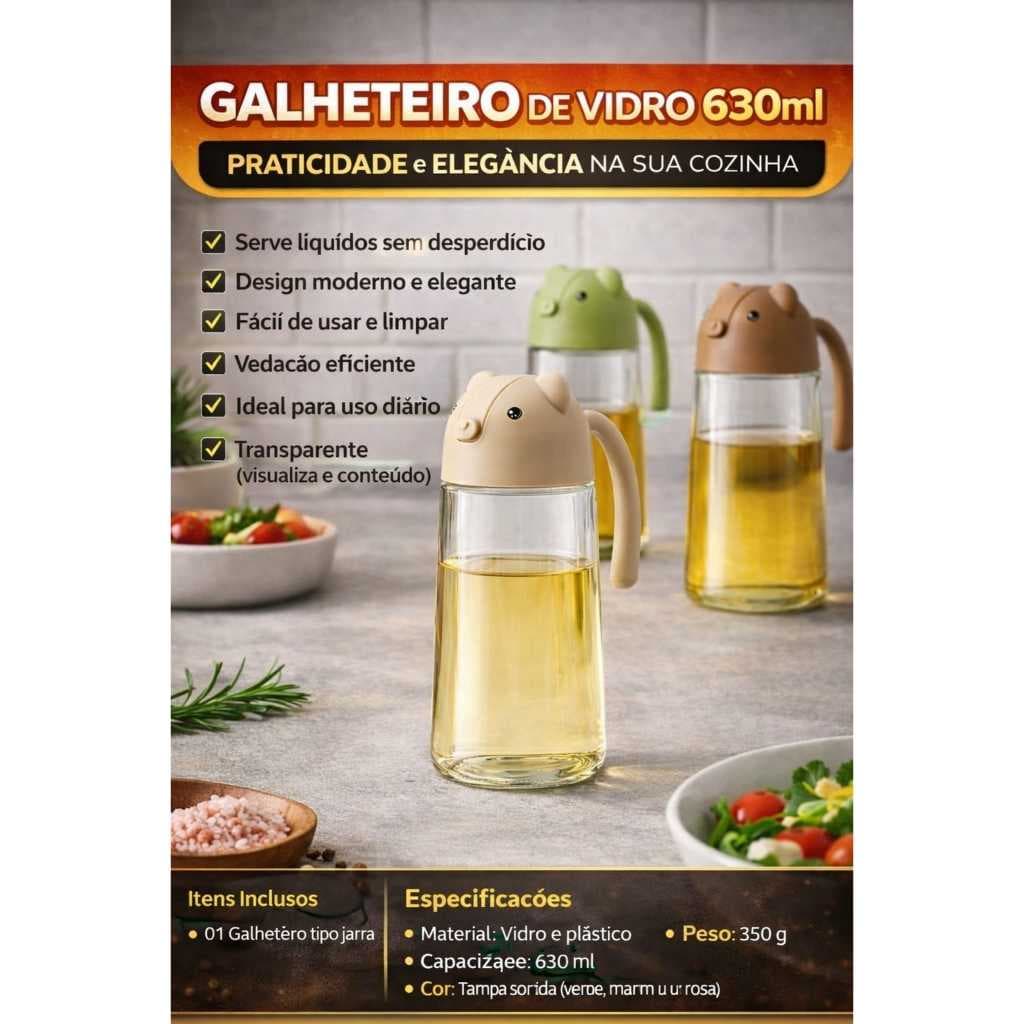 Galheteiro de Vidro 630ml com Tampa Dosadora Jarra para Azeite Óleo
