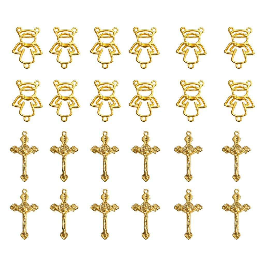 24 Entremeios Religiosos Anjo e Cruz Dourado para Montagem de Terços Pulseiras Colares Artesanato Revenda