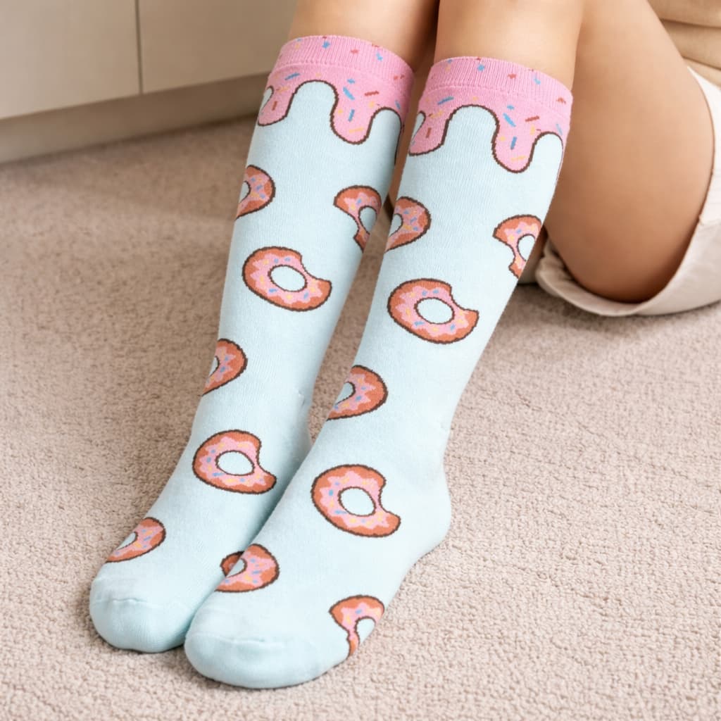 Meias Divertidas Algodão Rosquinhas Donuts Cano Alto Rosa e Azul Adulto Confortável