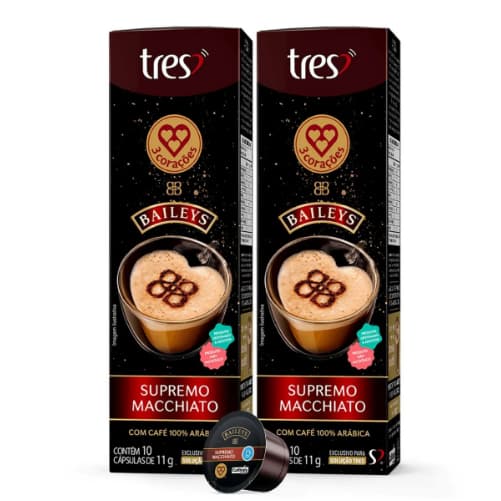 Kit 20x Cápsulas SUPREMO MACCHIATO Mistura p/ preparo de Café c/ Leite Sabor Baileys 3 Corações