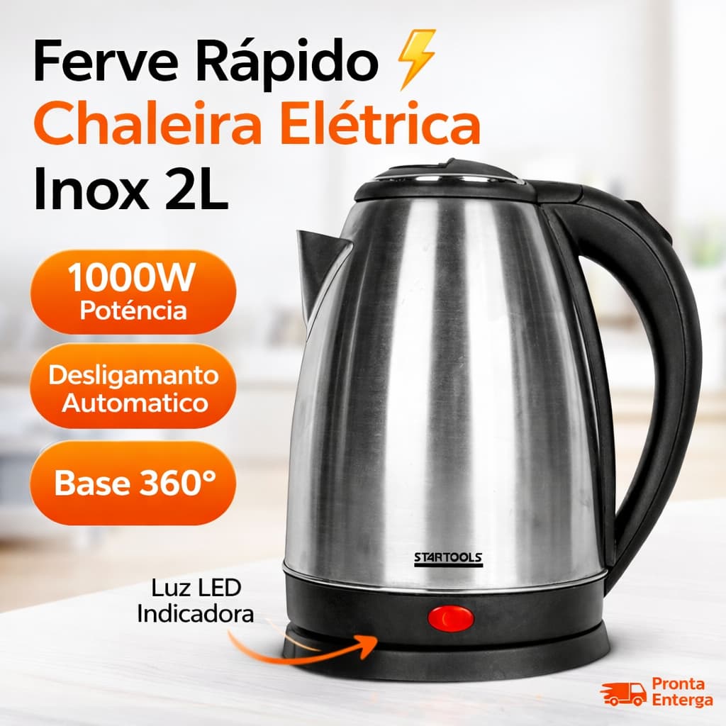 Chaleira Elétrica Inox 2L 1000W 110v/220v – Ferve Rápido Base 360° Desligamento Automático
