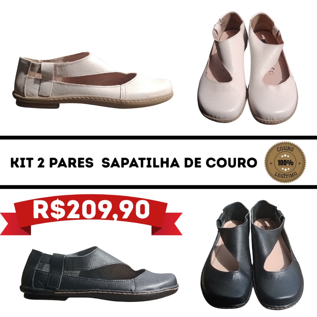 Kit Com 2 Pares Sapatilha Feminina De Couro Elegante Off/P