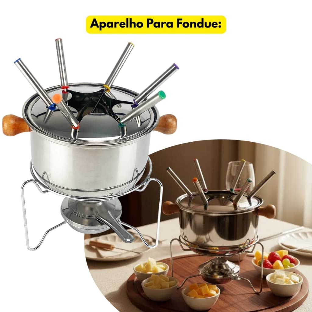 Conjunto Fondue Inox Garfos Sobremesa Panela Queijos Frio Chocolate Carne Quente Frutas Doces Funde