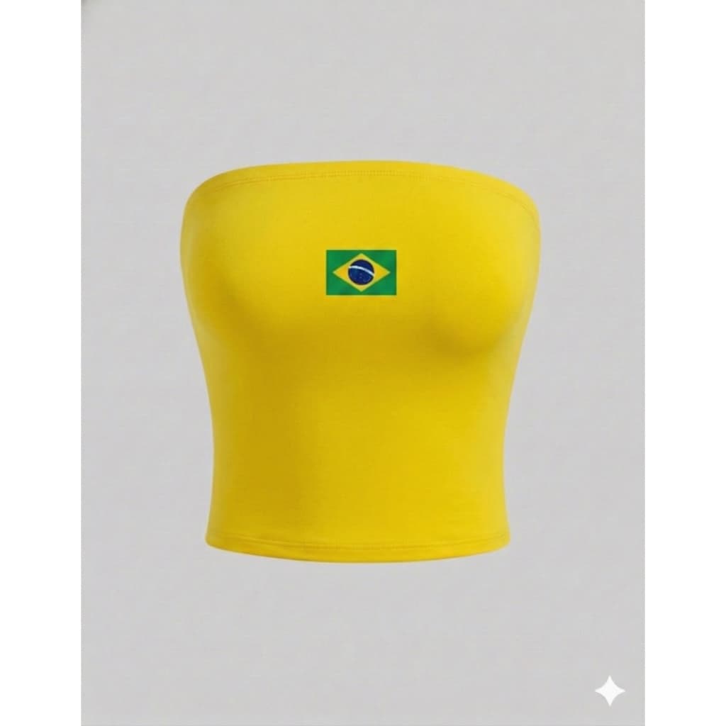 Top Tube Cropped Brasil Feminino Tomara que Caia Comprido Copa do Mundo Poliamida Duplo Sem Bojo