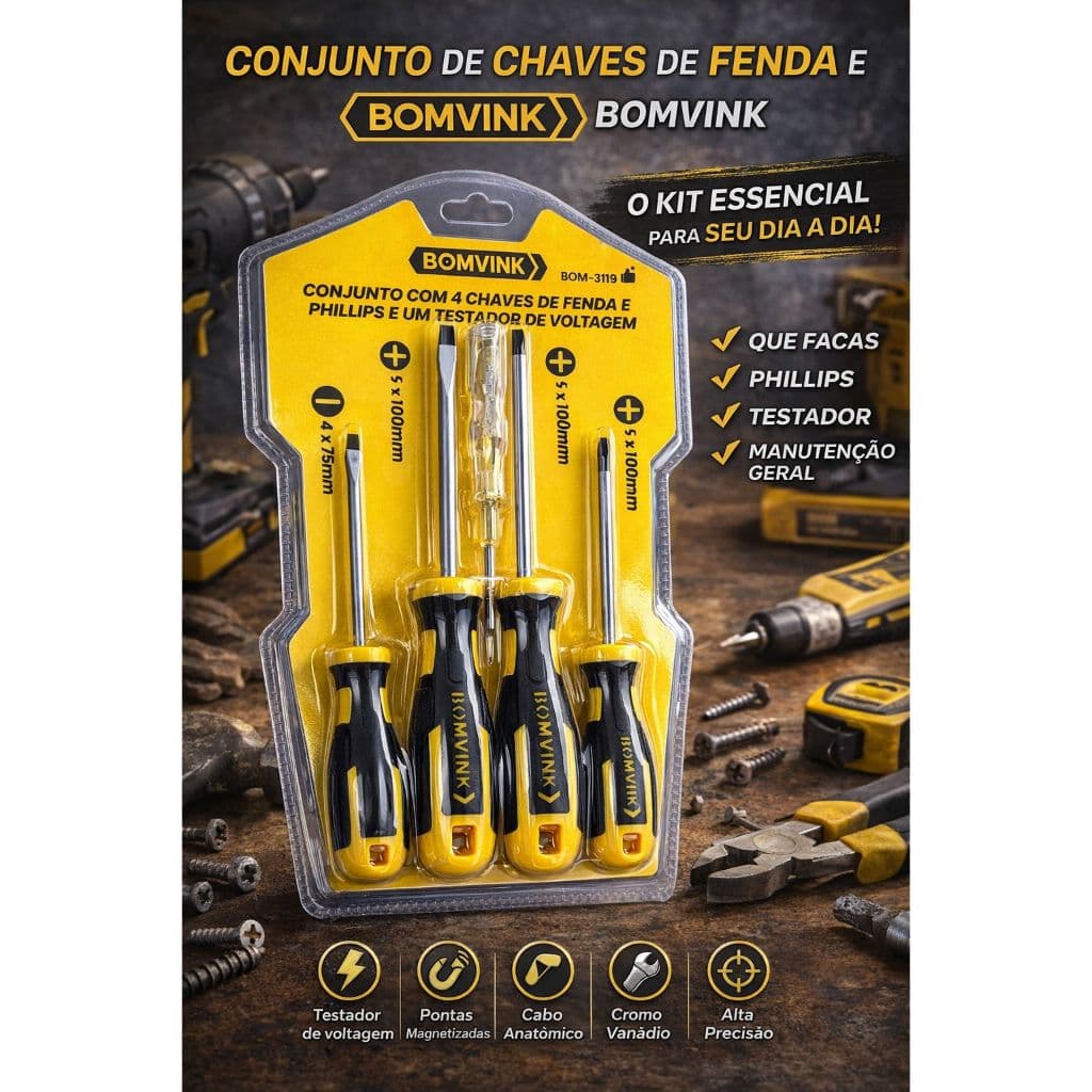 Kit Chaves de Fenda e Phillips BOMVINK 5 Peças + Testador de Voltagem | Profissional | Alta Precisão