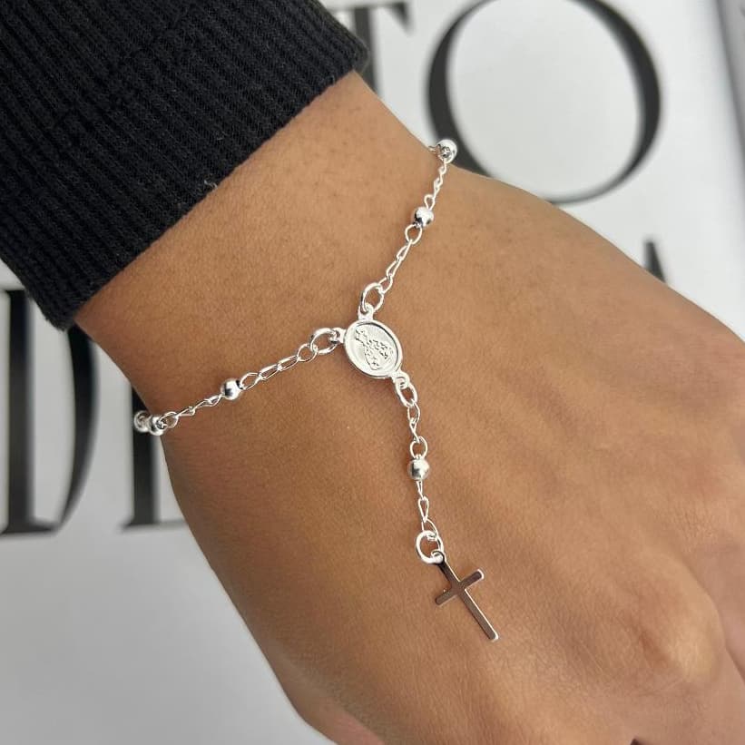 Pulseira Terço Nossa Senhora Bolinha Banhado a Prata 925