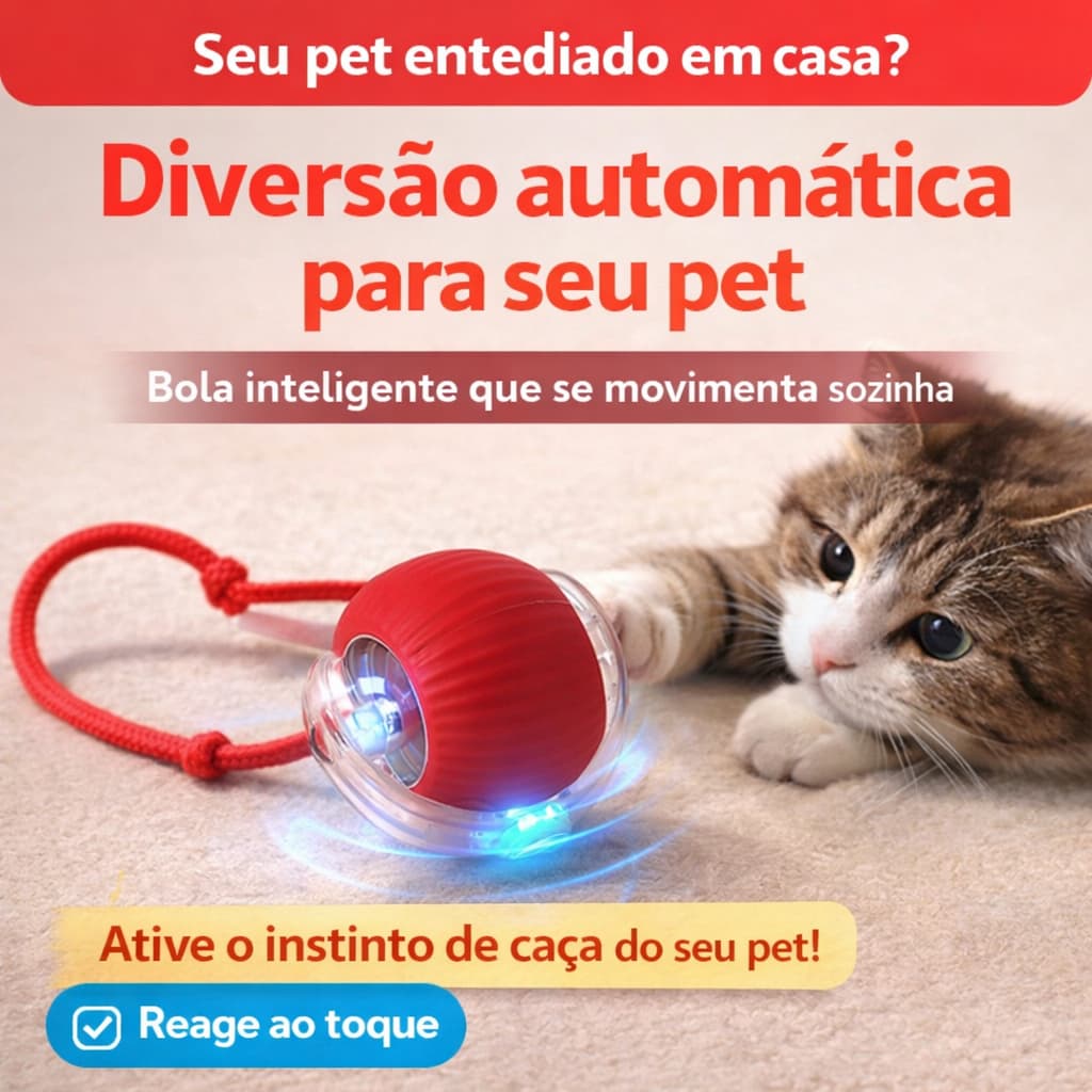 Bola Interativa para Pets Inteligente Automática Recarregável USB Brinquedo para Gatos e Cachorros