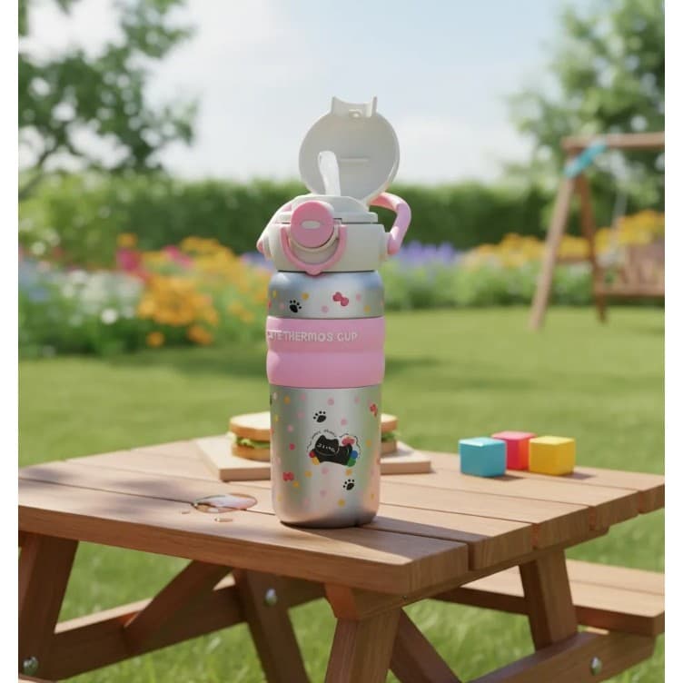 Garrafas Térmica Infantil 620ml ou 500ml - Linda Com Canudo Alça E Trava