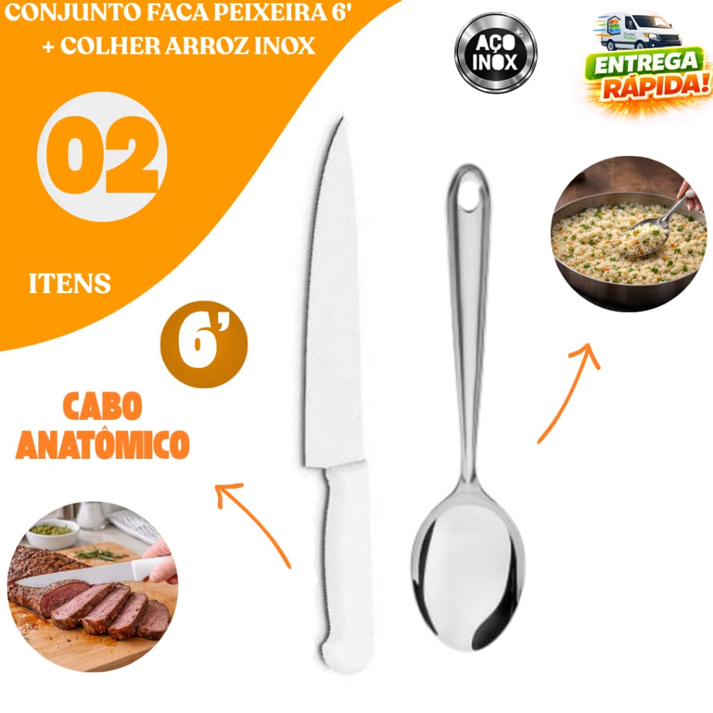 Kit Faca Peixeira 6 Polegadas Inox Colher de Arroz Aço Inoxidável Cabo Anatômico Resistente Cozinha