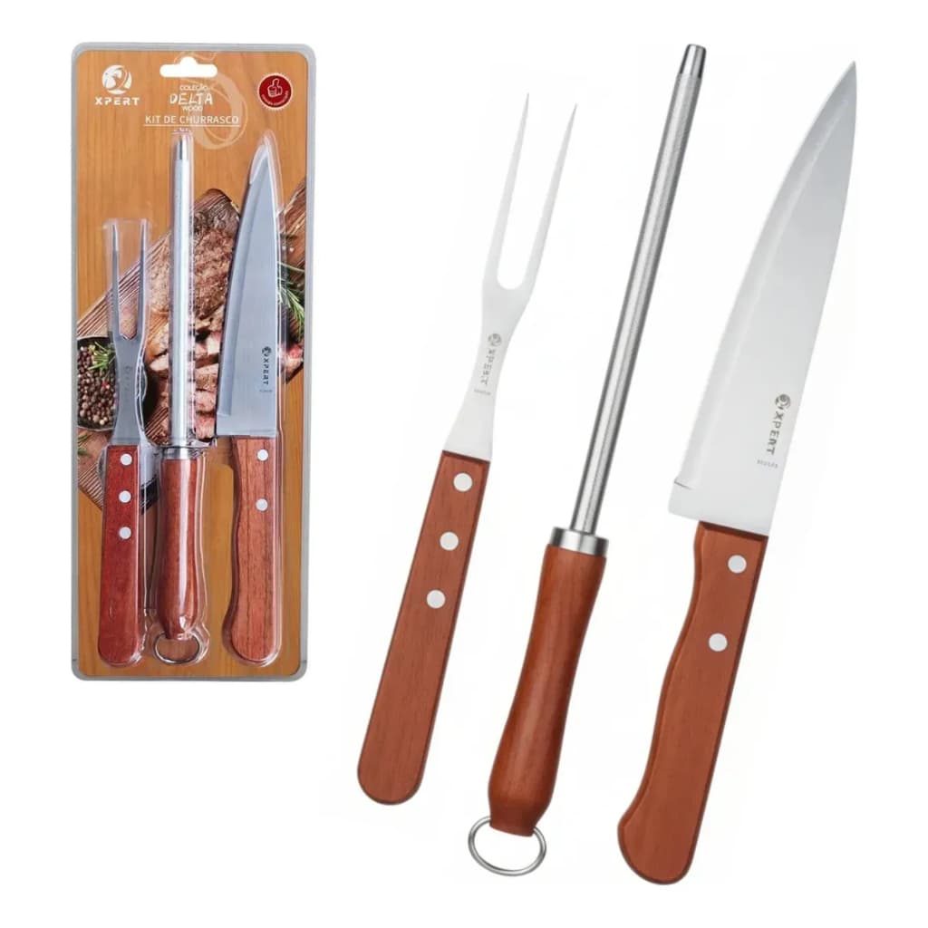 Kit Churrasco Conjunto Utensilios Grill Churrasqueira Cabo Madeira Aco Inoxidavel 3 Pecas