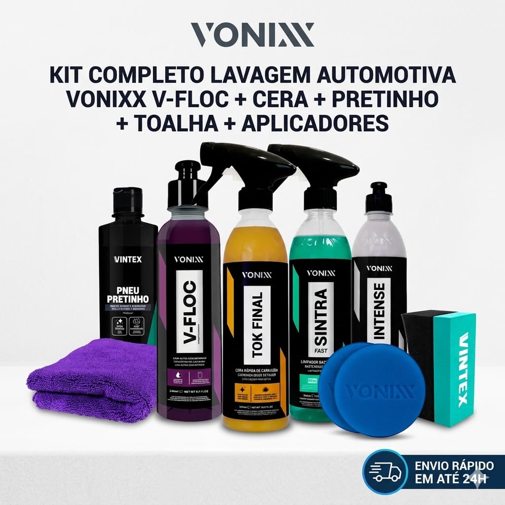 Kit Completo Lavagem Automotiva Vonixx V-FLOC + Cera + Pretinho + Revitalizador Plástico + Toalha + Aplicadores