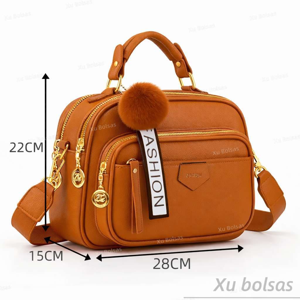 Bolsa Feminina Com Chaveiro De Pompom Tira Colo Faixa de Mão De Couro Tranversal ZQ002#