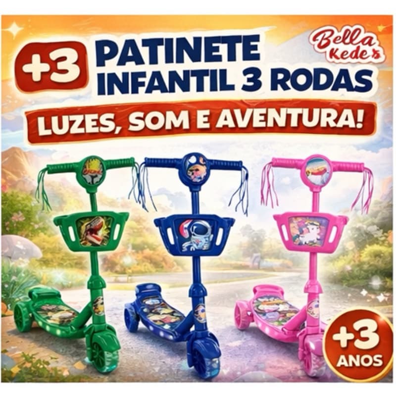Patinete Infantil 3 Rodas Luz e Som Altura Ajustável Cestinha +3 Anos | Dinossauro - Astronauta - Unicórnio