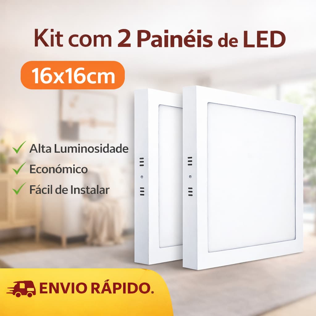 Kit 02 Plafon Painel LED Sobrepor Quadrado 16x16cm 12W 6000K