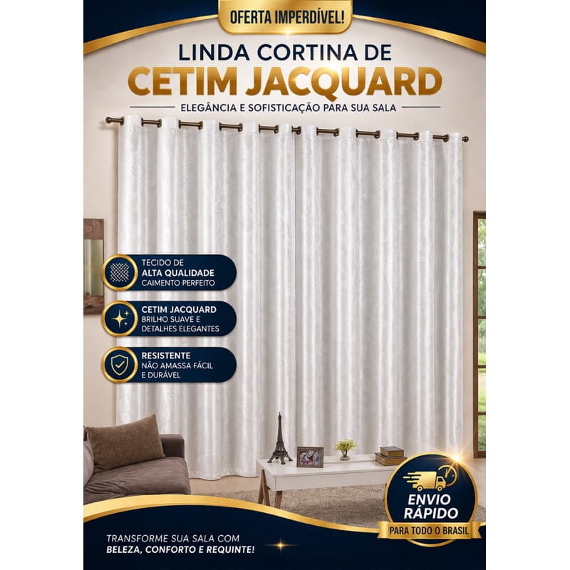 Cortina Cetim Jacquard Premium Luxo Elegante Moderna Sala Quarto Caimento Perfeito Decoração Sofisticada