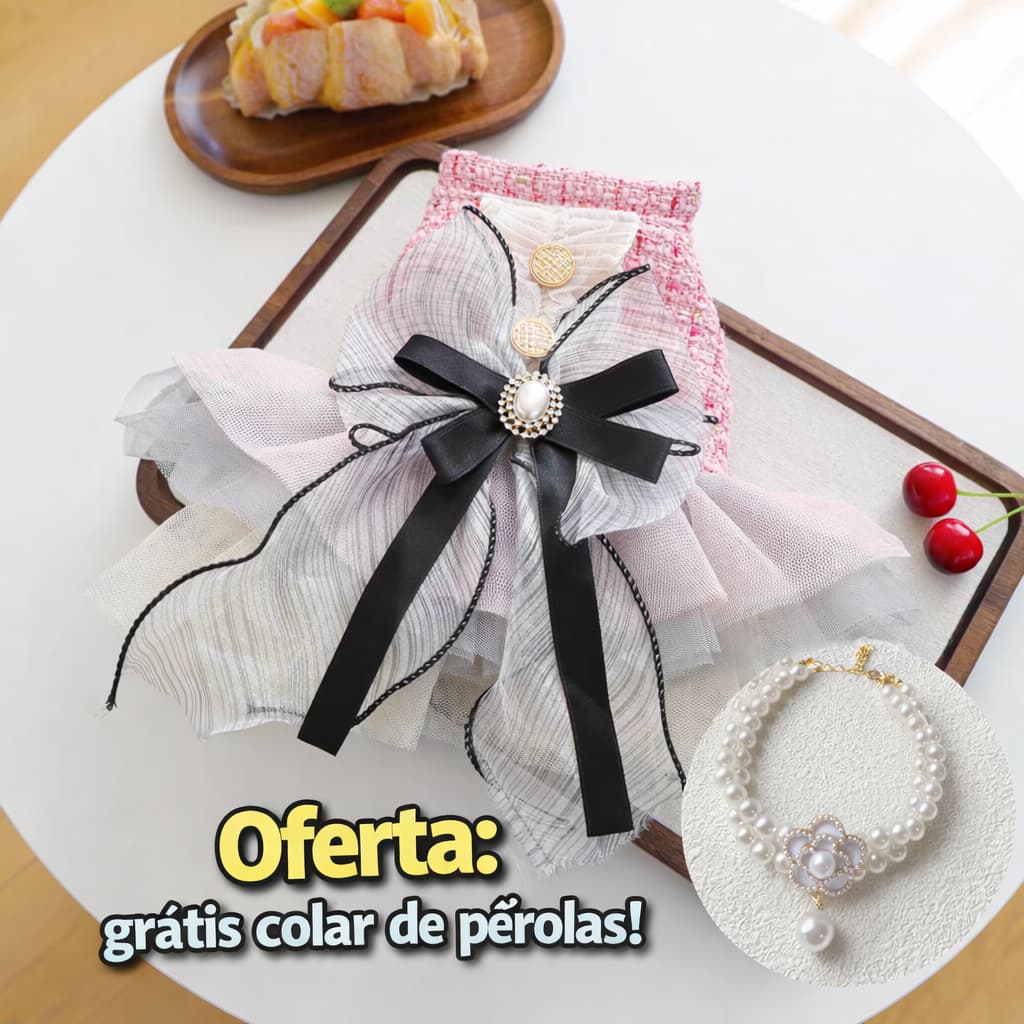 Vestido Lolita com Laço para Cães e Gatos – Peitorina Fashion com Acabamento Premium – Presente para Donos Exigentes