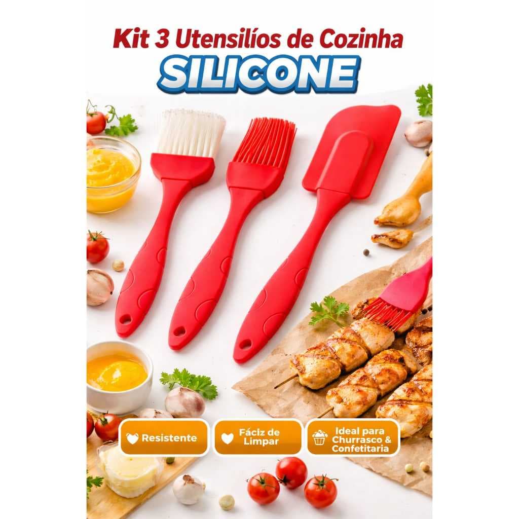 Kit 3 Peças Utensílios de Cozinha Pincel Espátula em Silicone Culinário