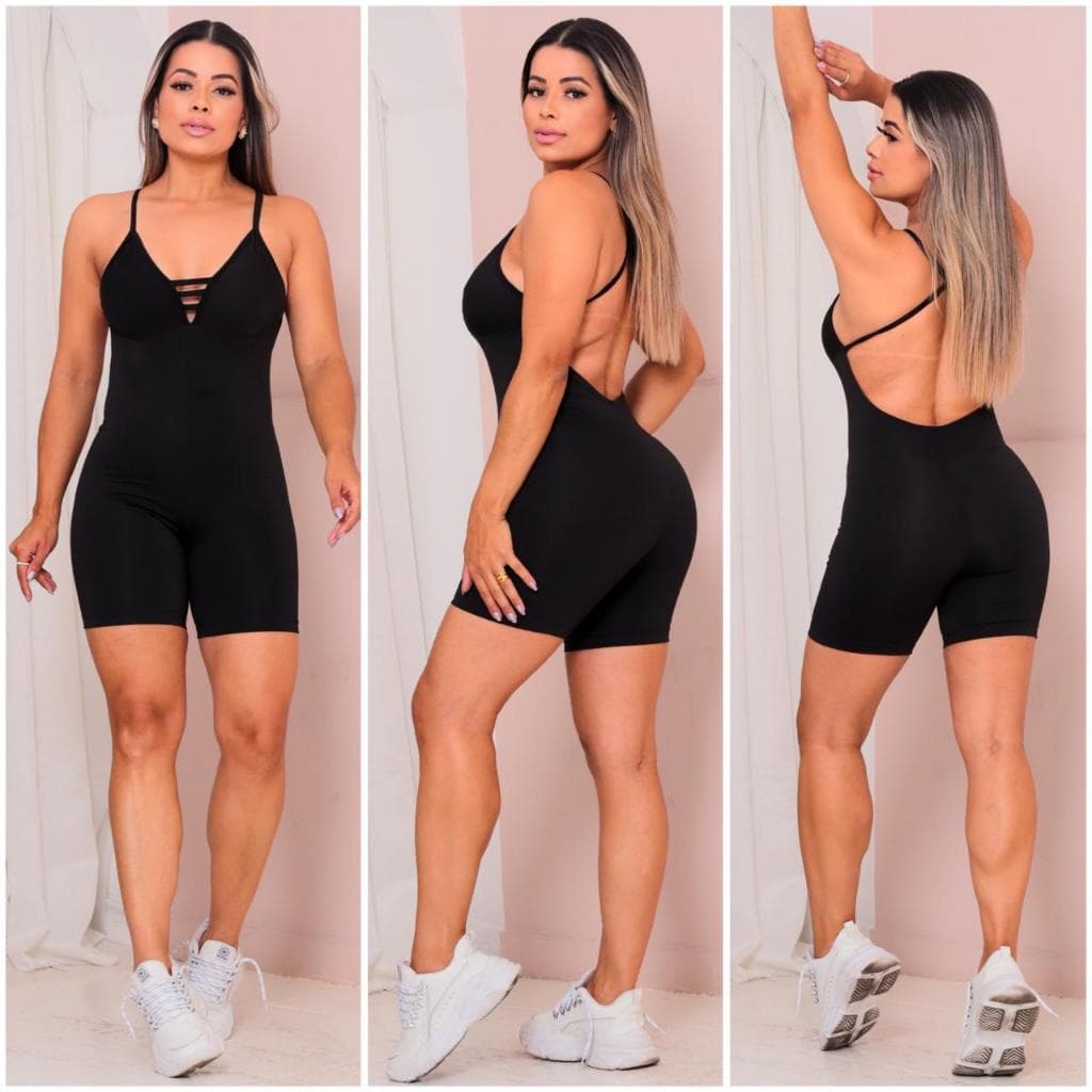 Macacão Fitness Preto/Azul marinho/ fucsia/verde musgo/Rose Reforçado Decote Peito Moda Academia Treino Levanta Bumbum