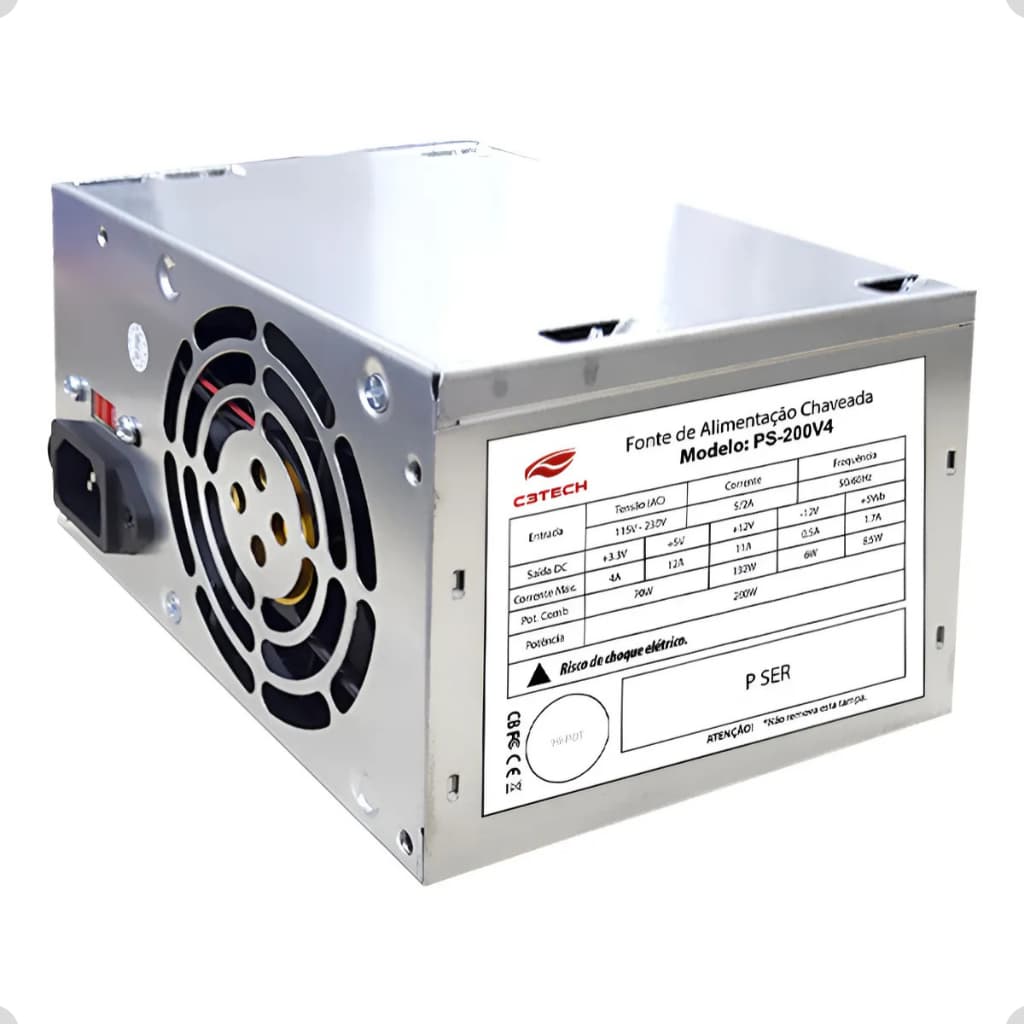 Fonte de Alimentação ATX C3Tech 200W 24 Pinos PS-200V4 Para PC IDE SATA S/ CABO