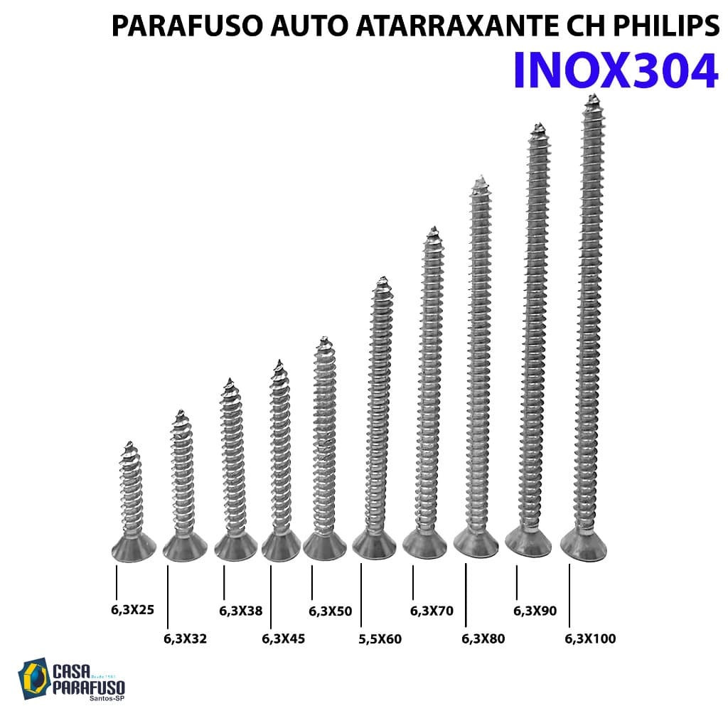 PARAFUSO - 6,3x - AUTO ATARRAXANTE CHATA PHILIPS - AÇO INOX304 - 50 Unidades