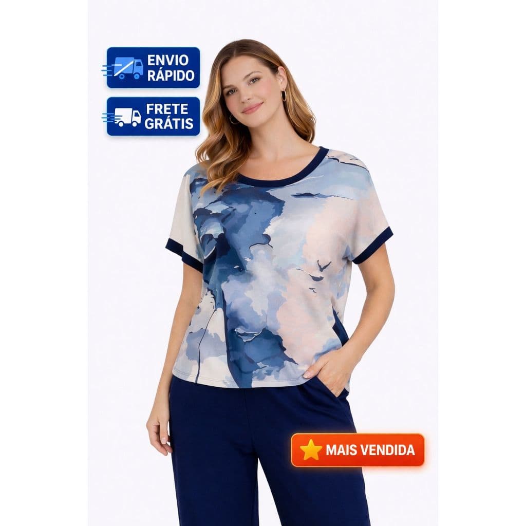Blusa Feminina Manga Curta Azul-Estampada Design Abstrato,leveza e estilo/Envio Rápido e Frete Grátis