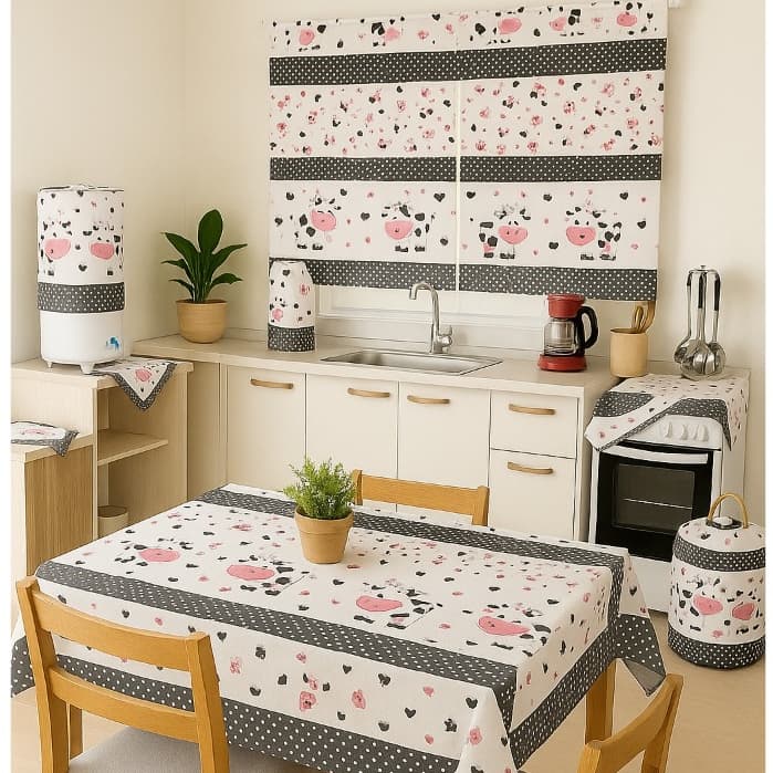 Jogo De Cozinha Kit 10 Peças Toalha de Mesa Cortina de Janela Pano De Fogão Tecido Oxford Estampado