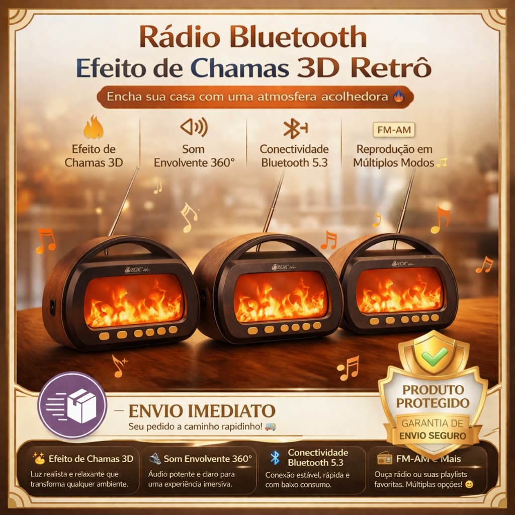 Caixa de Som Bluetooth Retro 8W, Luz de Fogo, Rádio FM, USB/TF, Portátil para Uso ao Ar Livre