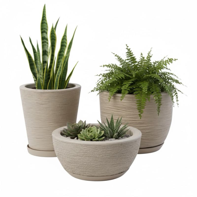 Kit 3 Vasos de Polietileno Escovados Decorativos para Plantas com Prato Coletor – Coluna Bojo Bacia