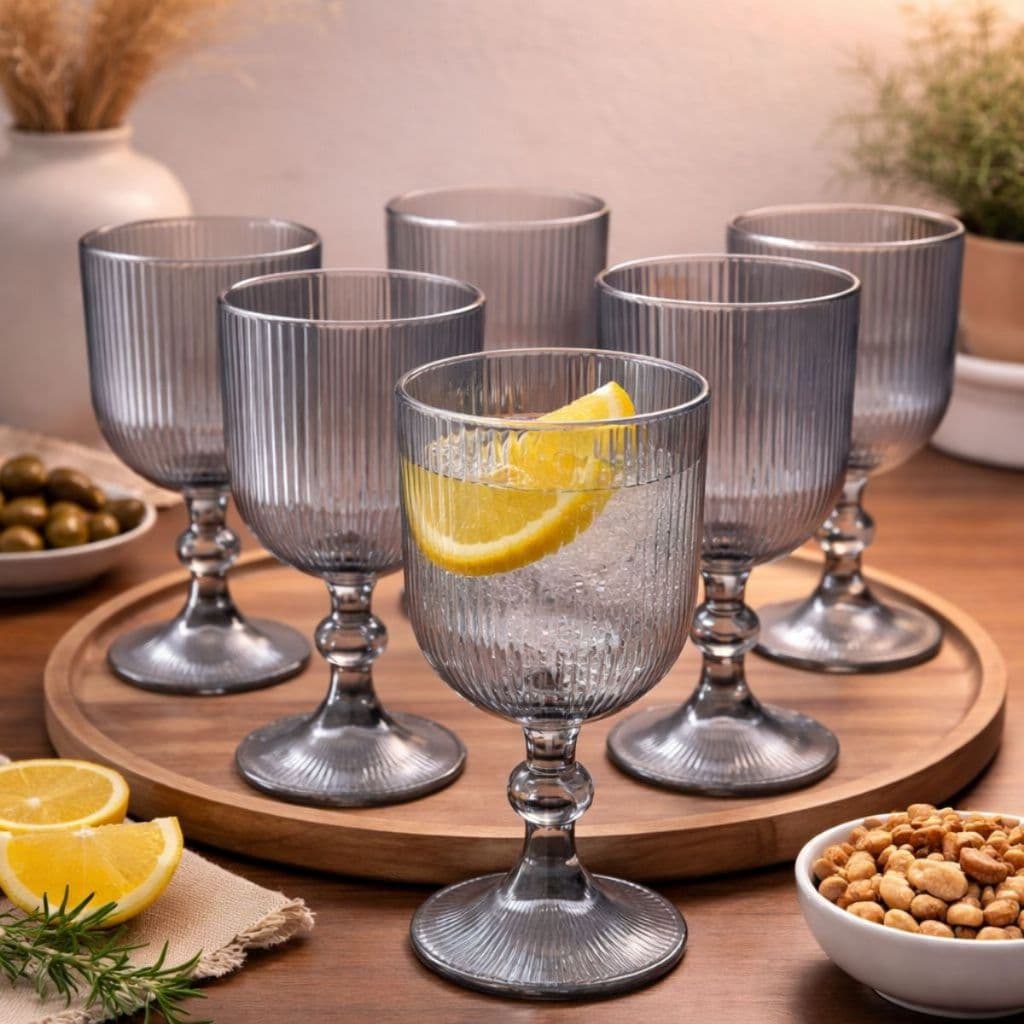 Jogo 6 Taças Vidro Canelado Vinho Drinks Suco Água 350ml Âmbar Incolor e Fumê