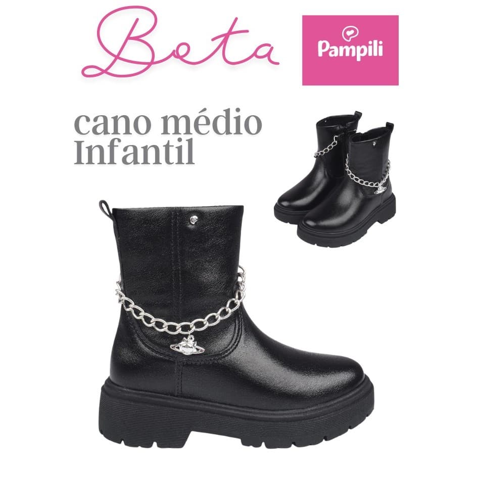 Bota Coturno Infantil Feminina Duda Corrente Preta Pampili ,leve, confortável,perfeita para seu look