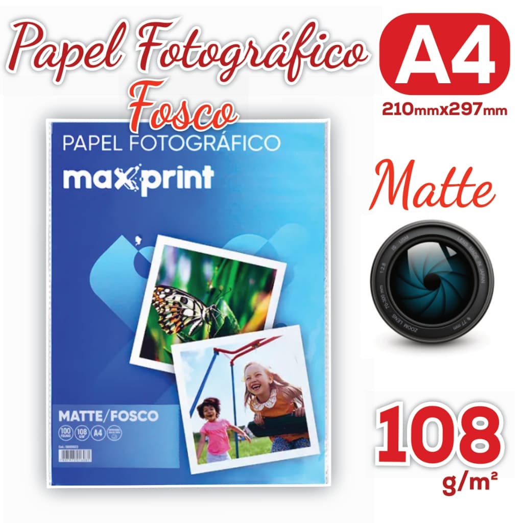 Papel Fotográfico Matte 108g A4 Pacote com 100 Folhas Fosco 210x297mm Jato de Tinta / Laser MaxPrint