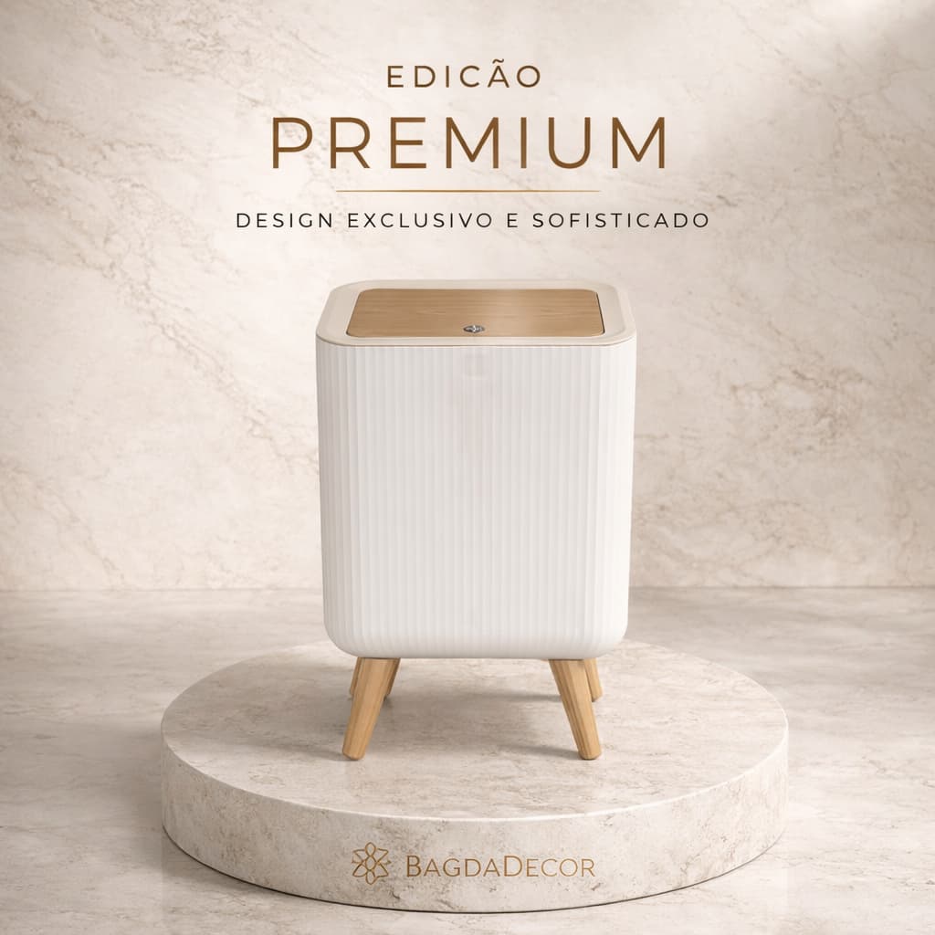 Lixeira 9L Premium Canelada com Tampa Click e Pés Madeira Moderna Elegante